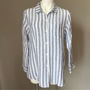 Habitat 100% LINEN Blue White Stripe Beach Nautical Shirt Top Tunic Womens Small